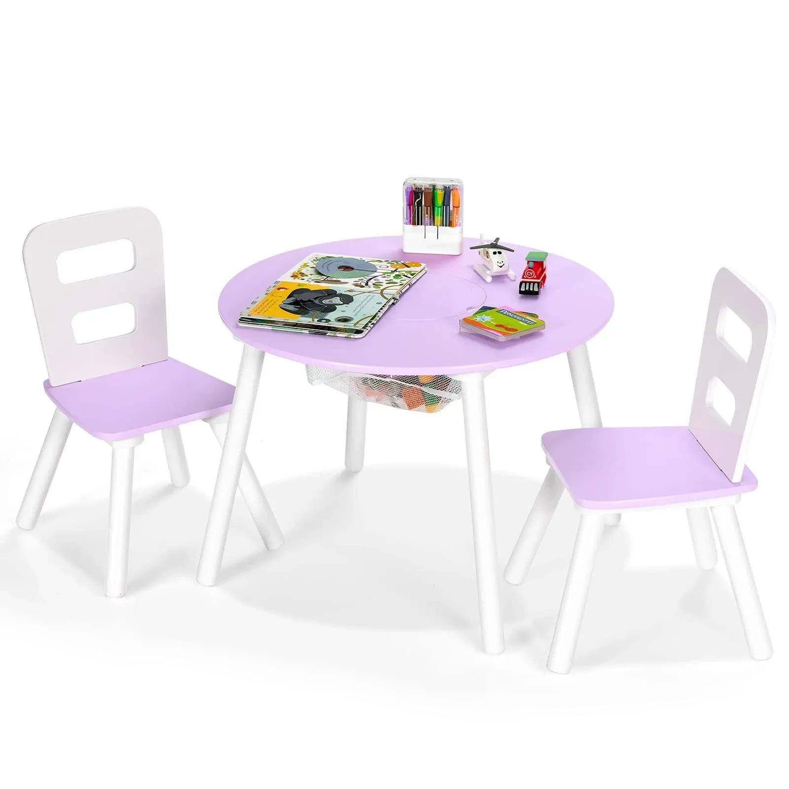 Costzon Kids Table and Chair Set, Wood Activity Table w/Center Mesh Storage, Purple