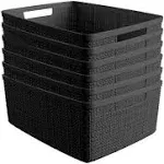 Curver Set of 6 Jute Medium Decorative Plastic Organization and Storage Baskets, Perfect Bins for Home Office, Closet Shelves, Kitchen Pantry and