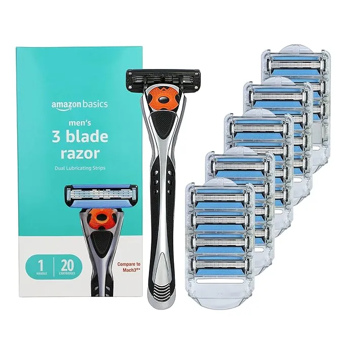 Amazon Basics 3-Blade Motion Sphere Razor for Men with Dual Lubrication, Handle & 20 Cartridges, Cartridges fit Amazon Basics Razor Handles only, 21 Piece Set, Black (Previously Solimo)