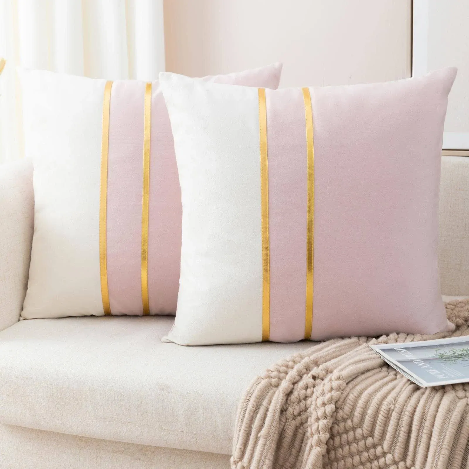 ZLINA Set of 2 Velvet Decorative Throw Pillow Covers Pink White Patchwork with ...