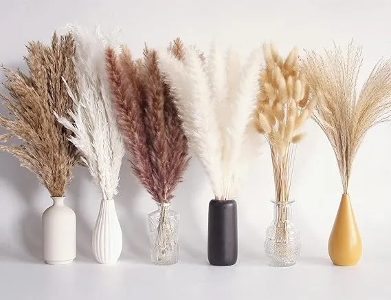 Bannifll 110 Pcs Dried Pampas Grass Bouquet, Boho Table Decor, Bunny Tails Dried Flowers, Brown Pompas, White Pampas Grass for Wedding, Home, Rustic