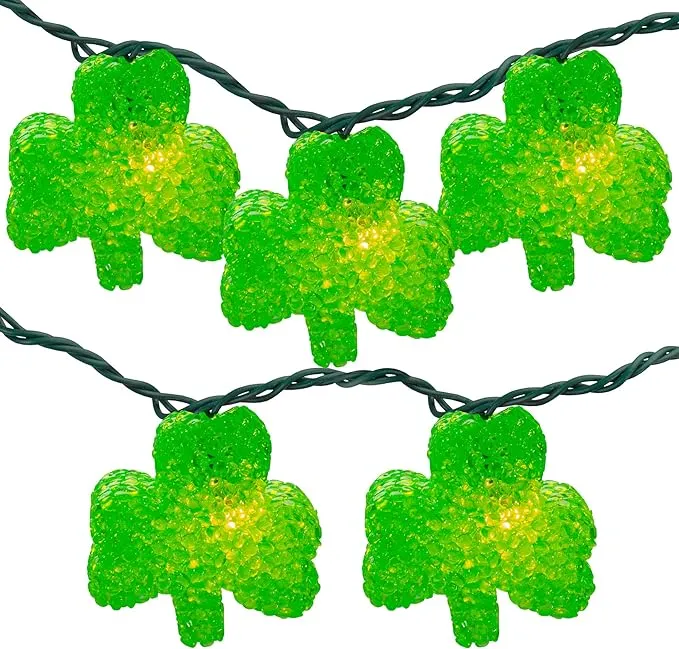 10 Irish Shamrock St Patrick's Day String Lights - 7.25ft Green Wire