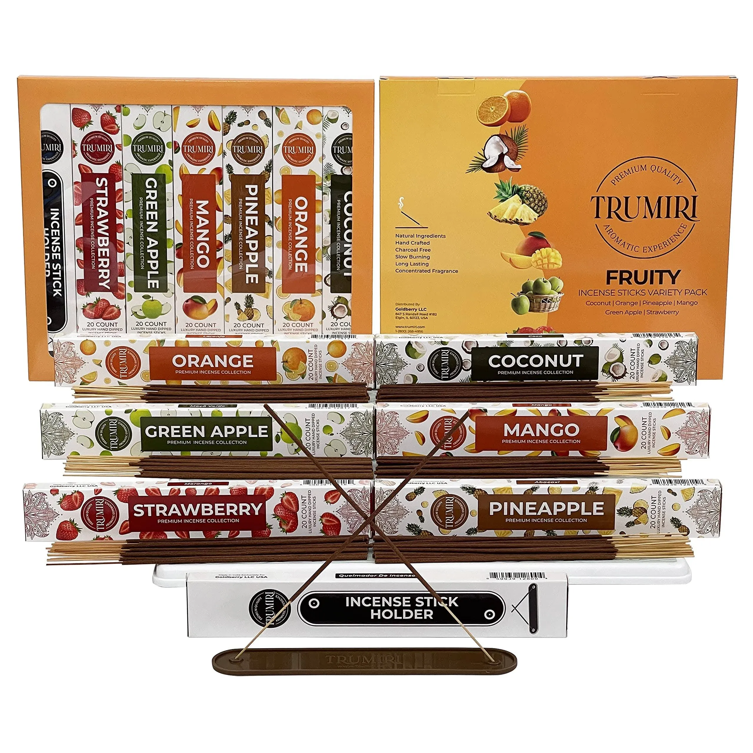 Fruity Incense Sticks Variety Pack - 120 Insence-Sticks (6 Incents x 20 Insense) - Coconut Orange Pineapple Mango Strawberry Apple - Natural Inscents-Sticks Non Toxic Inciensos + Stick Incense Holder