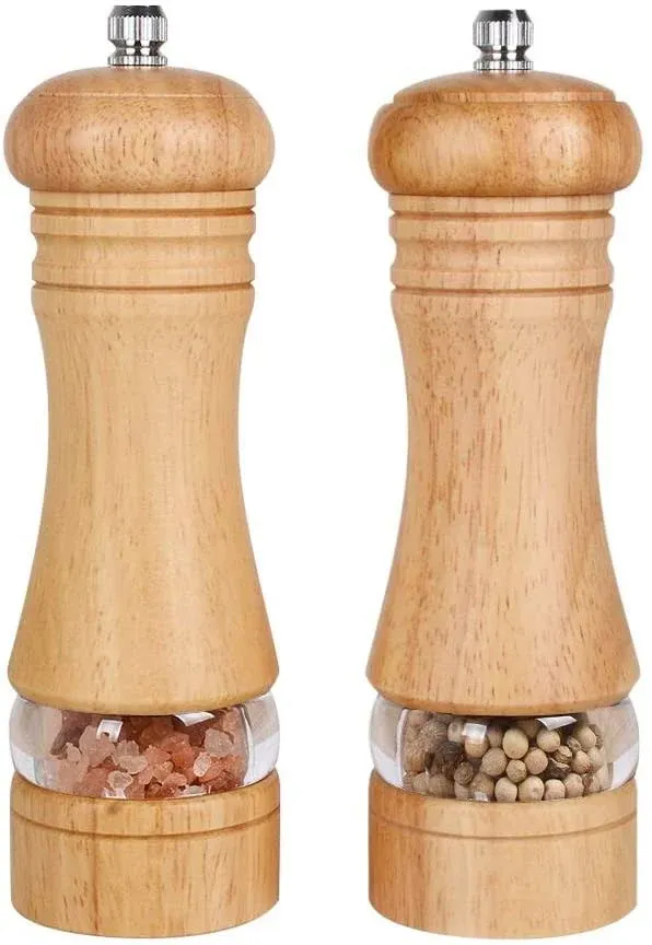 Haomacro Wood Salt and Pepper Grinder Set, Manual Mills with Acrylic Window, Adjustable Ceramic Grinding - 6.5inch, 2 Pack