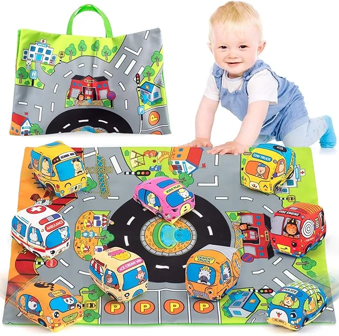 SYNARRY Soft Car Toys for 1 Year Old Boy, Baby Boy Toys 6 to 12 Months 12-18 Months, Kid Toy Cars for 1 Year Old Boys Infant with 1 Mat/Storage Bag, 1st Birthday Gifts for Toddler Toys Age 1(9 Sets)