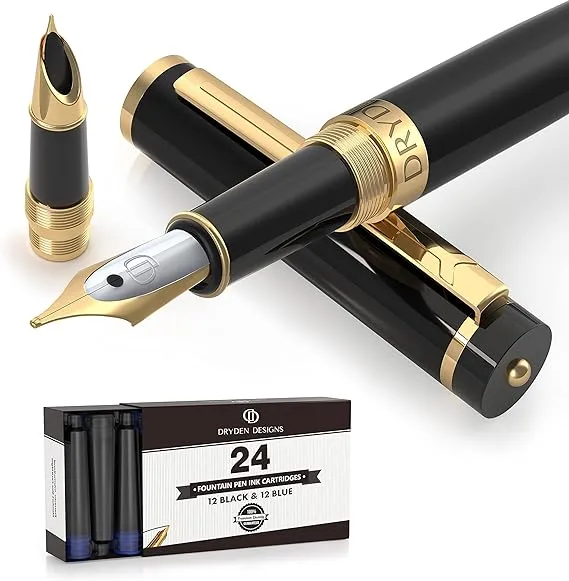 Dryden Designs Fountain Pen - Medium and Fine Nibs | Includes 24 Ink Cartridges ...