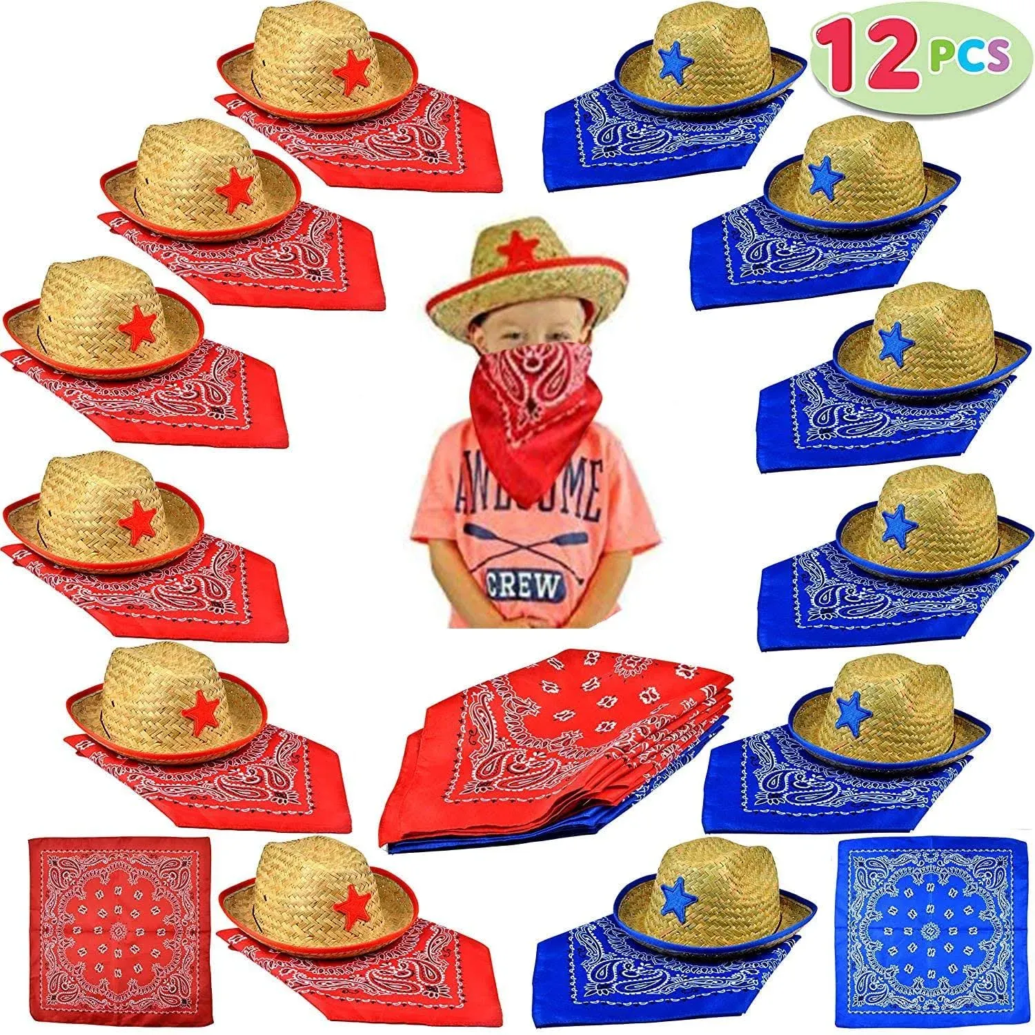 Toy Pack of 12 Childs Straw Cowboy Hats with Cowboy Bandannas (6 Red &amp; 6 Blue) C