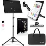 CAHAYA 5 in 1 Dual-use Sheet Music Stand & Desktop Book Stand Metal Portable Solid Back Height Adjustable from 31.4-57in with Book Stand Support, Carrying Bag, Sheet Music Folder and Clip