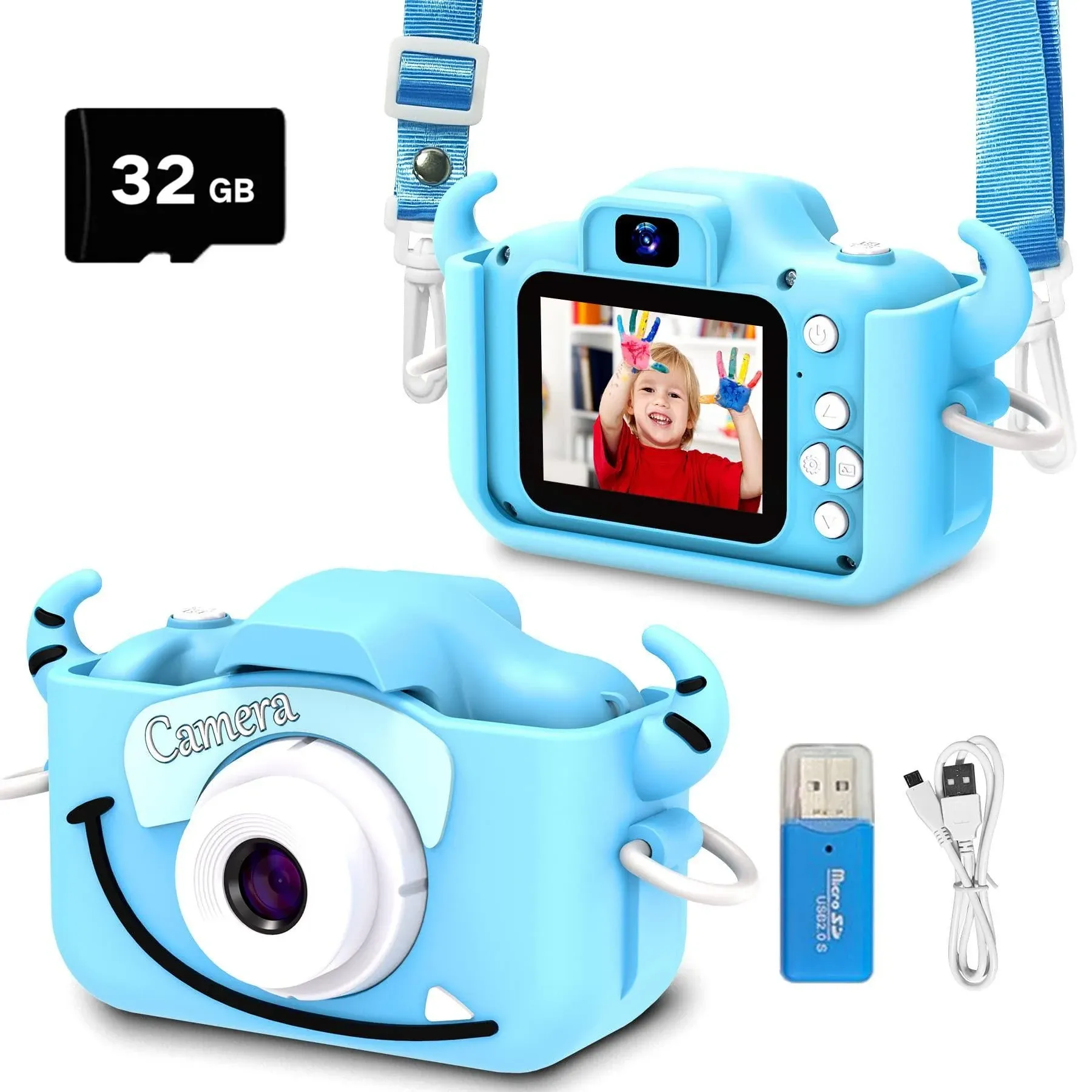 goopow Kids Selfie Camera, Christmas Birthday Gifts for Boys Age 3-9, HD Digital Video Cameras for Toddler, Portable Toy for 3 4 5 6 7 8 Year Old Boy with 32GB SD Card Dark Blue