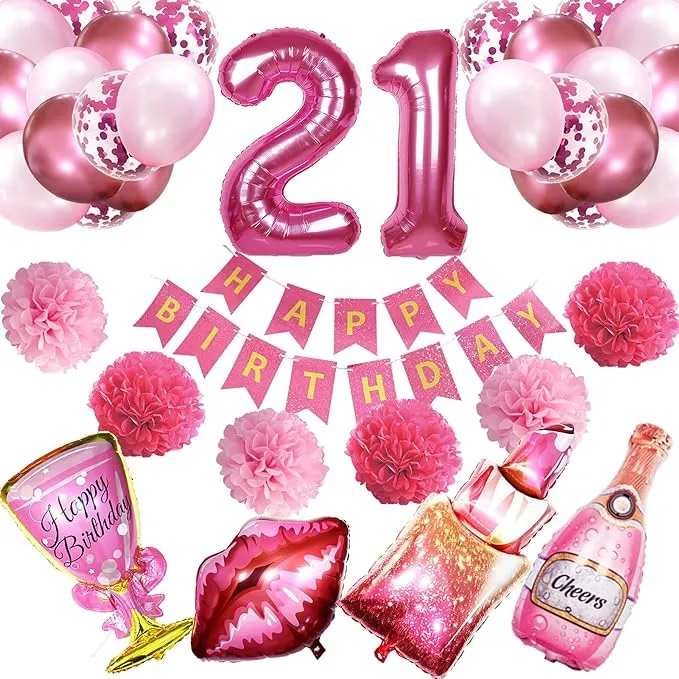 Crenics 21st Birthday Decorations for Her - Rose Pink Happy Birthday Banner, Pom Poms, 21 Number Balloon, Lipstick Champagne Balloons and 24 Latex Balloons for 21st Girls Women Birthday Party Supplies