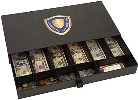 Cardboard Cash Register Drawer with Coins Bills Business Card Compartments Money Play Toy Gift for Kids Fit Real Money Too Only Box Black