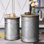 Farmhouse Decor End Table Rustic Galvanized Side Coffee Table Storage Barrels with Wooden Lids Rustic Ottoman Seat Nesting Pieces 2 (Horizontal Pattern)