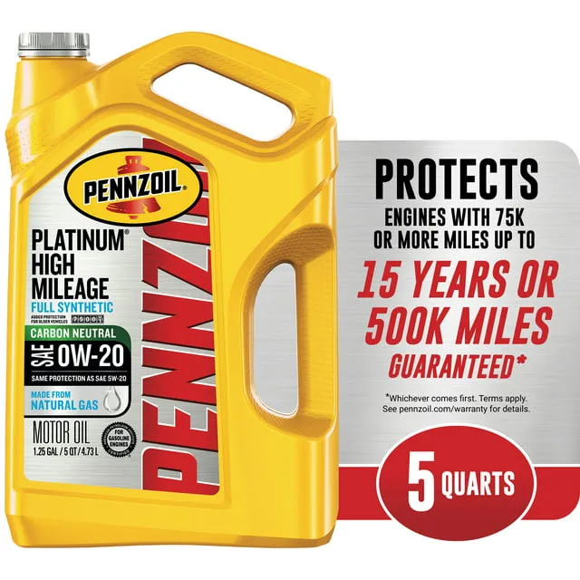 Pennzoil Platinum High Mileage Full Synthetic 0W-20 Motor Oil for Vehicles Over 75K Miles (5-Quart, Single)