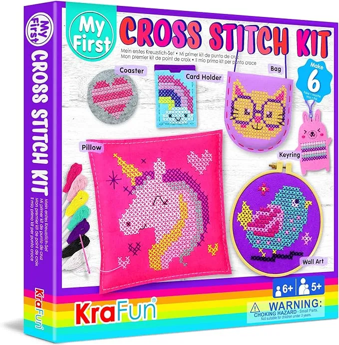 KRAFUN Beginner My First Cross Stitch Kit for Kids Arts & Crafts, 6 Easy Projects of Felt Keyring, Bag, Pillow Craft, Instructions, Gift for Girls and Boys, Learn DIY Crafting, Embroidery