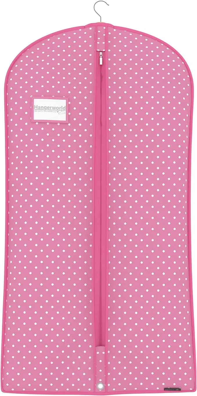 HANGERWORLD Pink Polka Dot Suit and Dress Garment Bags for Storage - 45inch x 22inch - Breathable Clothes Covers Protecting Dusts Closet Storage