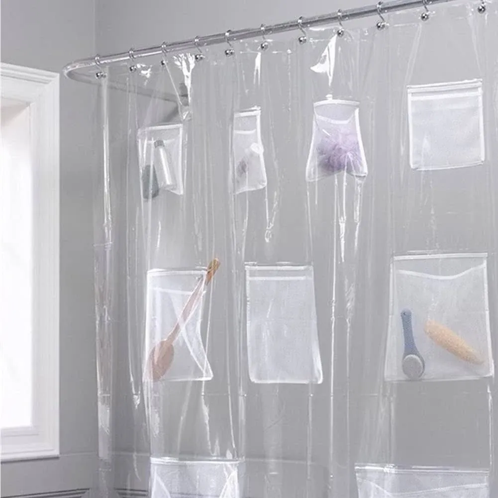 Cedmon Waterproof Fabric Shower Curtain or Liner with 9 Storage Pockets Bathroom ...