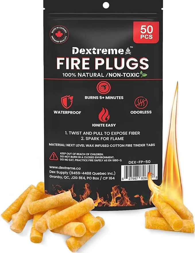 Dextreme Fire Plugs Waterproof Fire Starter for Campfires, Emergencies, Survival, Fire Pits, Grills | 5+ Minute Burn | All Natural | Made in North America