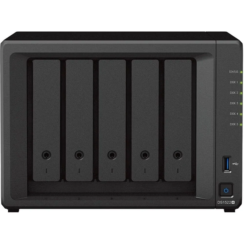 Synology DiskStation DS1520+ NAS Server with Celeron 2.0GHz CPU, 8GB Memory, 50TB HDD Storage, 1TB M.2 NVMe SSD, 4 x 1GbE LAN Ports, DSM Operating.