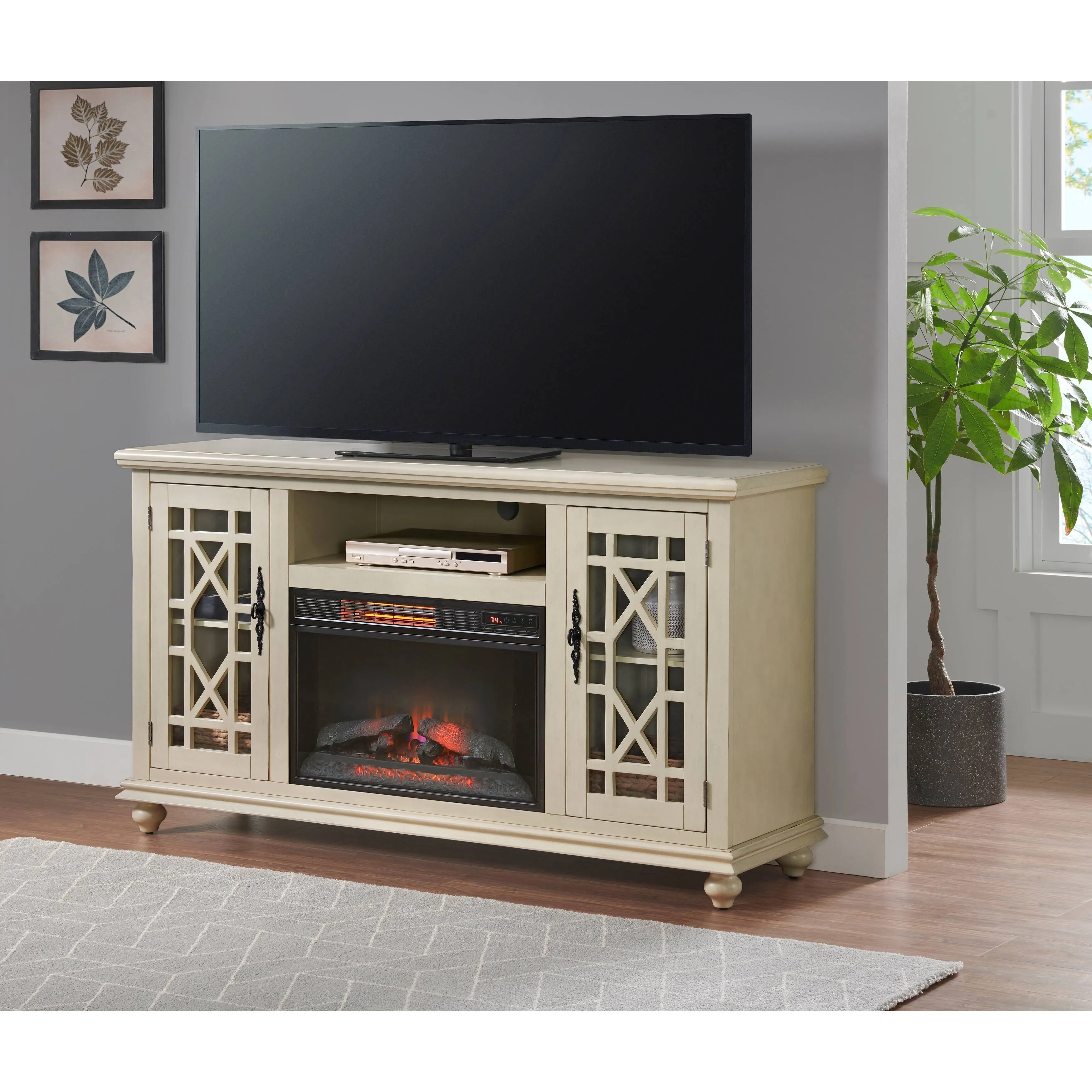 Elegant 2-Door 63&#034; TV Stand Console with Electric Fireplace