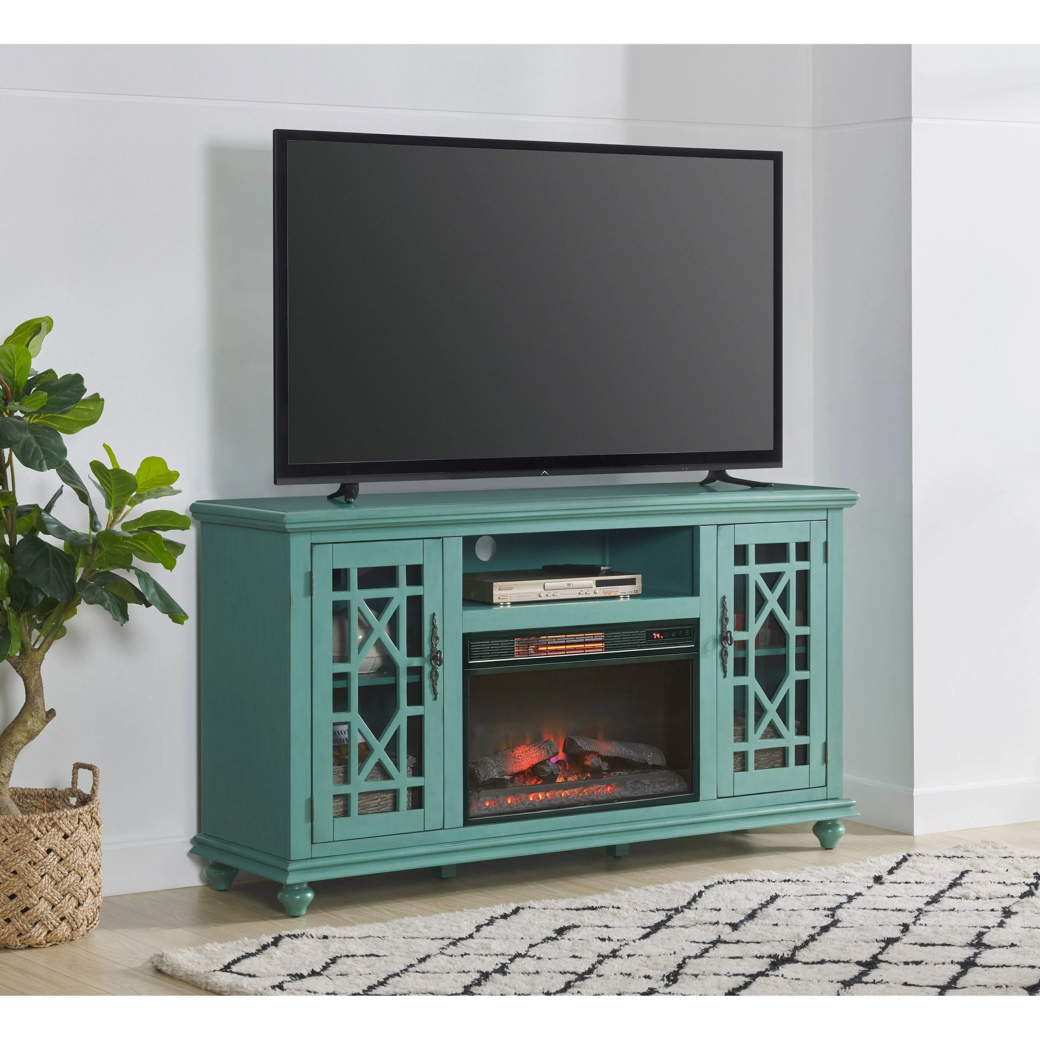 Martin Svensson Home - Elegant 2 Door TV Stand with Fireplace, Antique Teal - 910191F