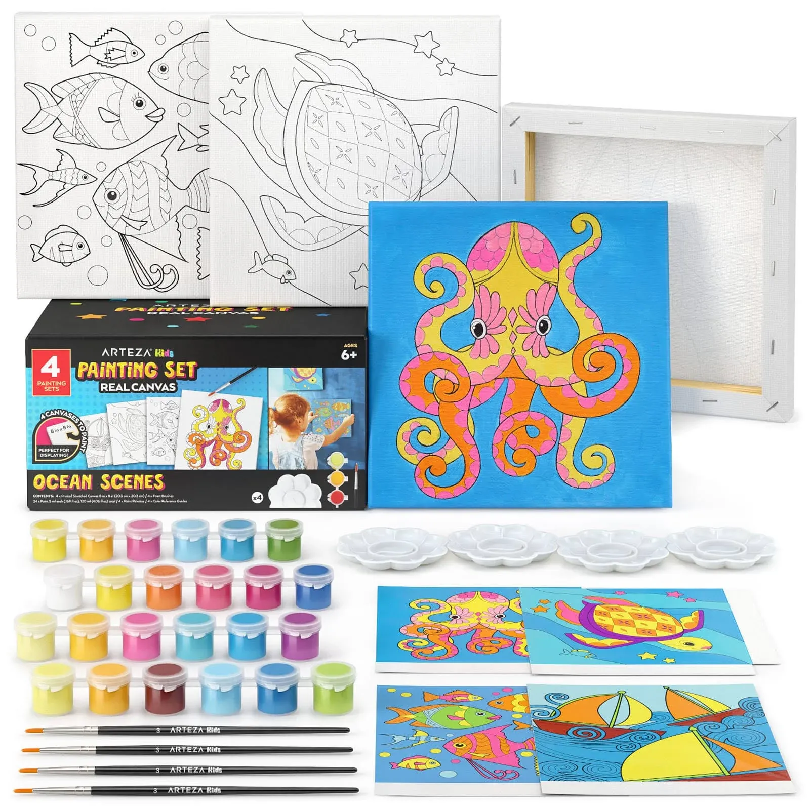 Arteza Kids Ocean Scenes Painting Kit, 4 Canvases, 8 x 8 in, 24 Acrylic Paints, 4 Paint Brushes, 4 Palettes, Kids Activities Ages 6 and Up