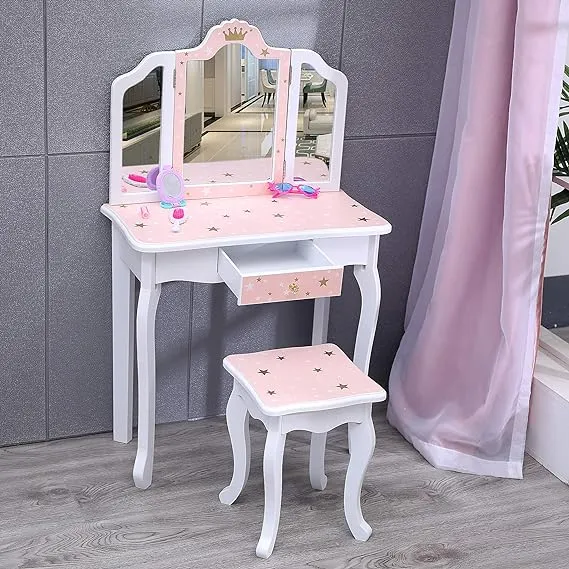 Nromant Vanity Table and Chair Set, Girls Vanity Set with Tri-Folding Mirror and