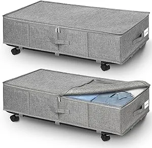 punemi Under Bed Storage With Wheels Lids 2 Pack, 8.7 inch Tall Large 50L Underbed Storage Containers W/Side & Metal Bottom Support, Clothes Storage Drawer Organizer Bin For Clothing Blanket, Grey