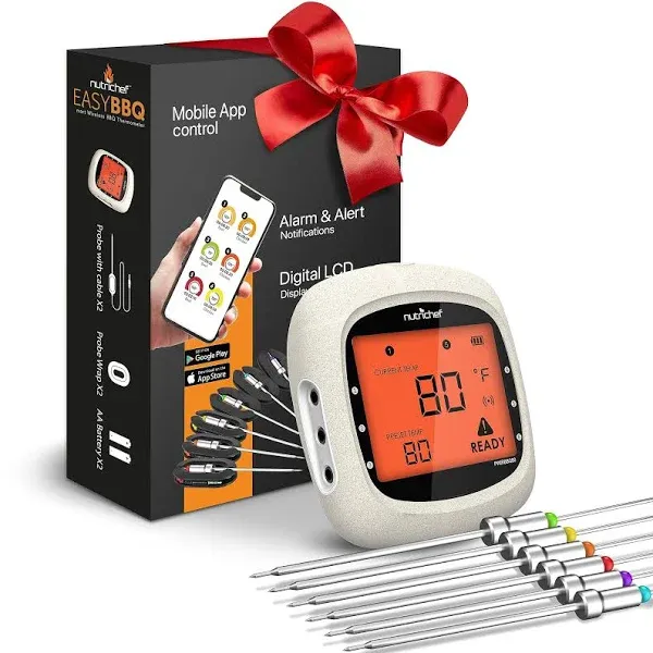 Nutrichef Bluetooth Meat Thermometer for Grilling and Smoking with 6 Wireless Meat Probes, 6 Channels with LCD Display