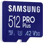 SAMSUNG PRO Plus microSD Memory Card + Adapter, 512GB MicroSDXC, Up to 180 MB/s, Full HD & 4K UHD, UHS-I, C10, U3, V30, A2 for Android Phones, Tablets, GoPRO, DJI Drone, MB-MD512SA/AM, 2023