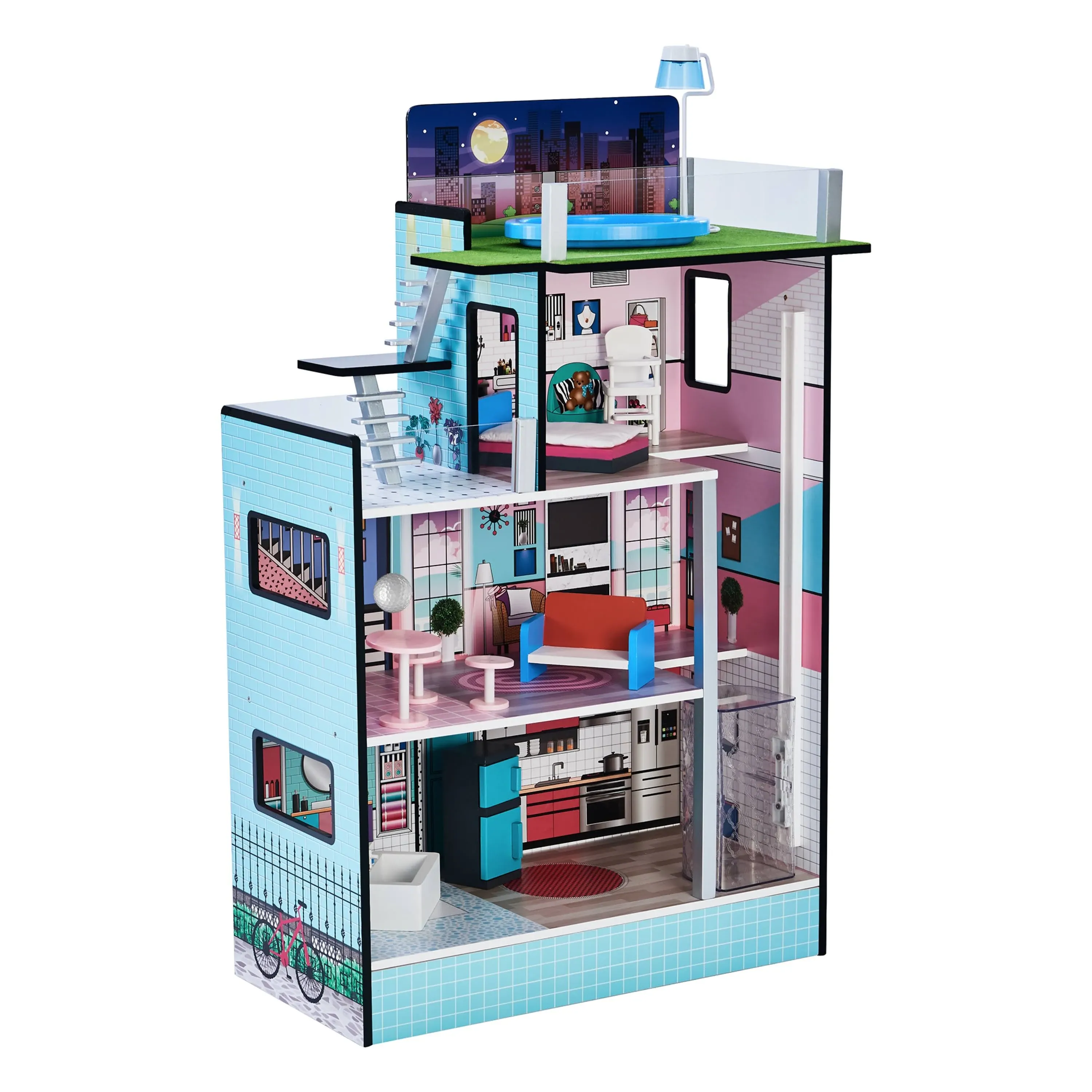 Olivia's Little World Dreamland Barcelona 3-Story Wooden Dollhouse with Working Elevator, Rooftop Pool, and 10-pc Furniture Accessory Set for 3.5" Dolls, Turquoise/Black