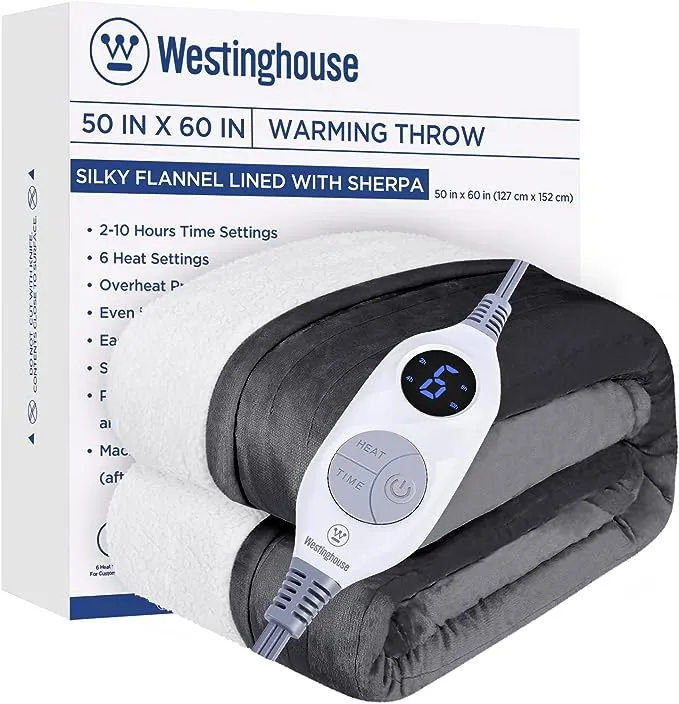 Westinghouse Electric Blanket Throw Heated Blanket with 6 Heating Levels and 2-10 Hours Time Settings, Flannel to Sherpa Super Cozy Heated Blanket