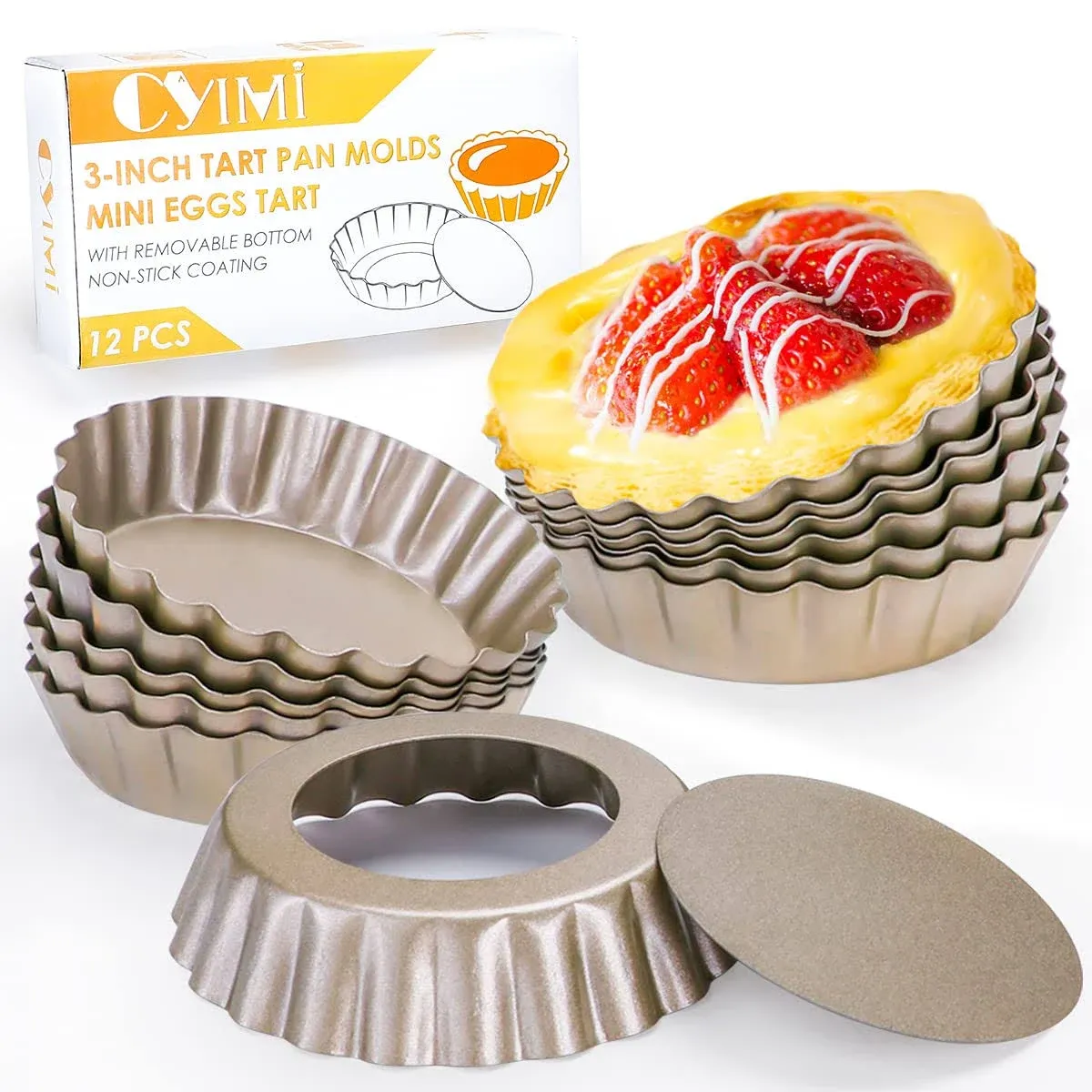 Cyimi 12 Pcs Egg Tart Tins 3" Mini Tart Molds Removable Bottom Cupcake Cake ...