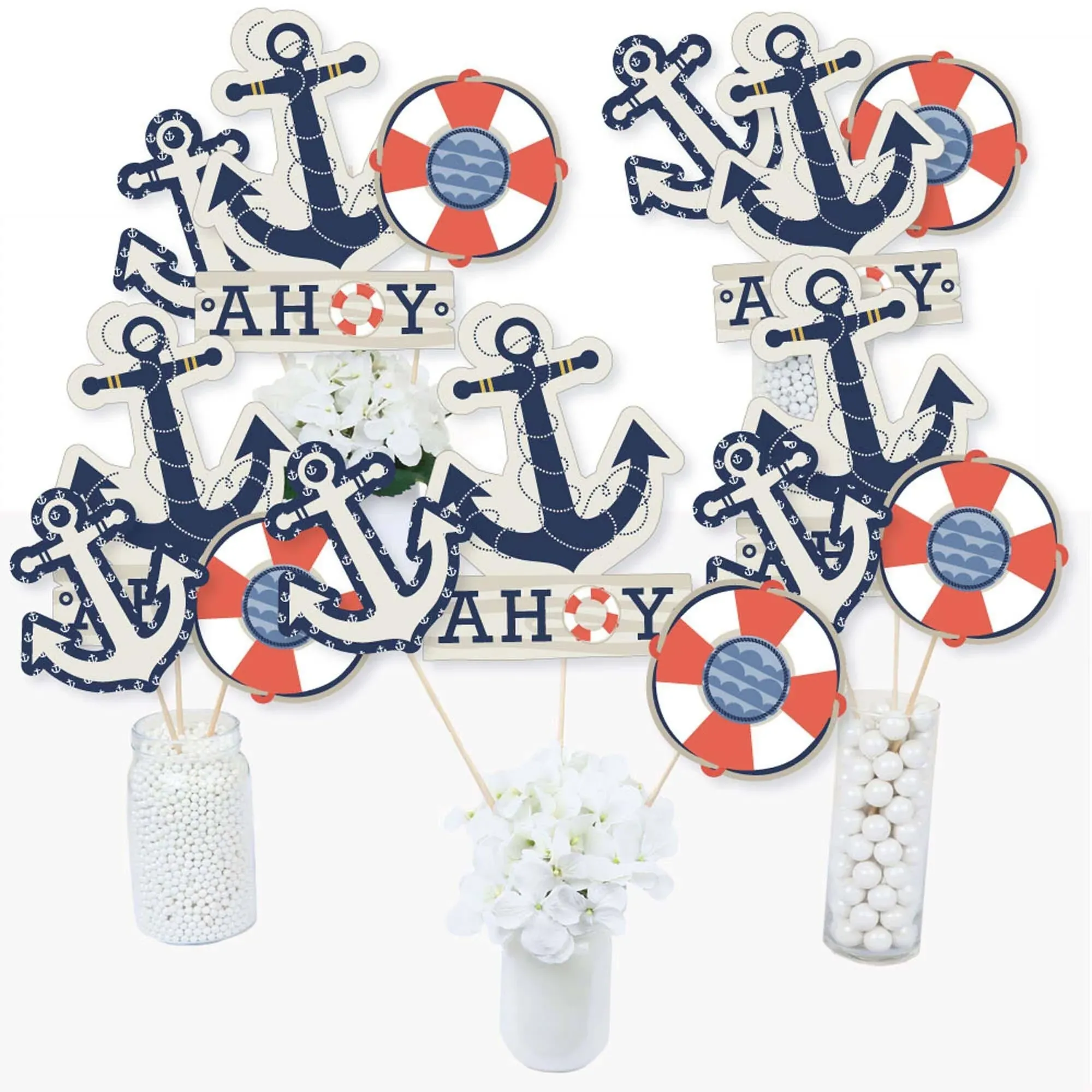 Big Dot of Happiness Ahoy - Nautical - Baby Shower or Birthday Party Centerpiece Sticks - Table Toppers - Set of 15