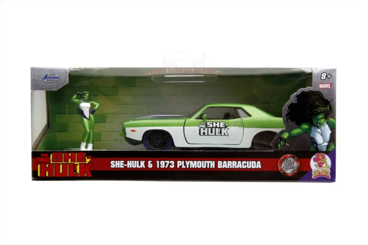 Collectible Jada 1973 Plymouth Barracuda 1/32 Scale Vehicle with She Hulk