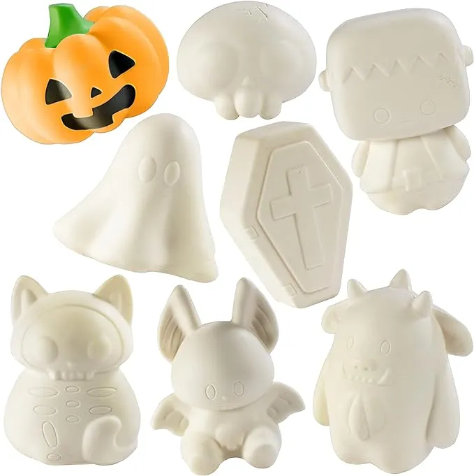 Halloween Party Craft Kit Jumbo Squishies (8 Unique Spooky Shapes)-White Kawaii Scented Slow Rise Squishy Toys, Decorating, Scented Stress Craft, Kids Birthday Activity Gift (4-6")