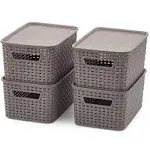 EZOWare Set of 4 Lidded Storage Bins, Small Plastic Stackable Weaving Wicker Baskets Boxes Containers with Lids and Handle, 11 x 7.3 x 5.1 inch