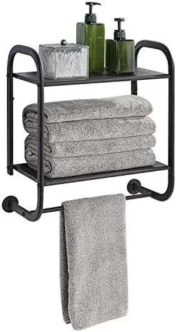 SunnyPoint Compact Wall Mount 2 Tier Bathroom Shelf with Towel Bars Chrome