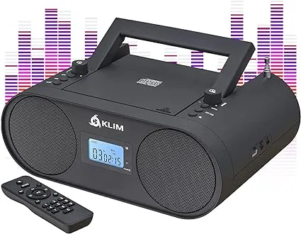 Klim Boombox B4 CD Player Portable Audio System - AM/FM Radio with CD Player MP3 Bluetooth AUX USB, Rechargeable, Remote Control, Autosleep Digital EQ (Renewed)