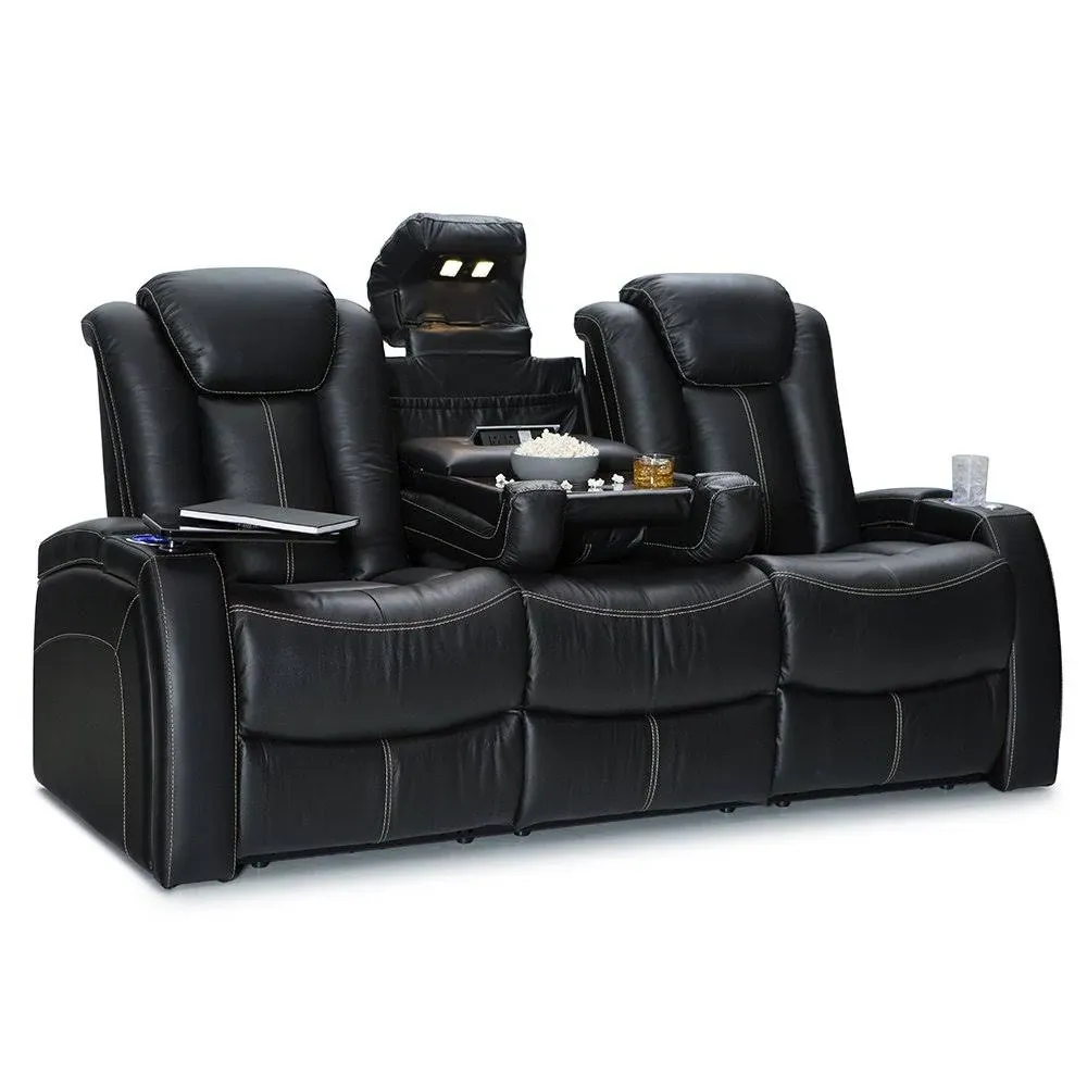 Seatcraft Republic Leather Home Theater Seating Power Recline - Sofa w/ Fold Down Table, Black