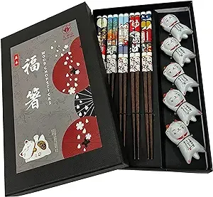 Wooden Chopsticks Reusable 5 Pairs Gift Set with 5pcs porcelain rest Lucky Cat Design Hand-Made 8.8 Inch/22.5cm