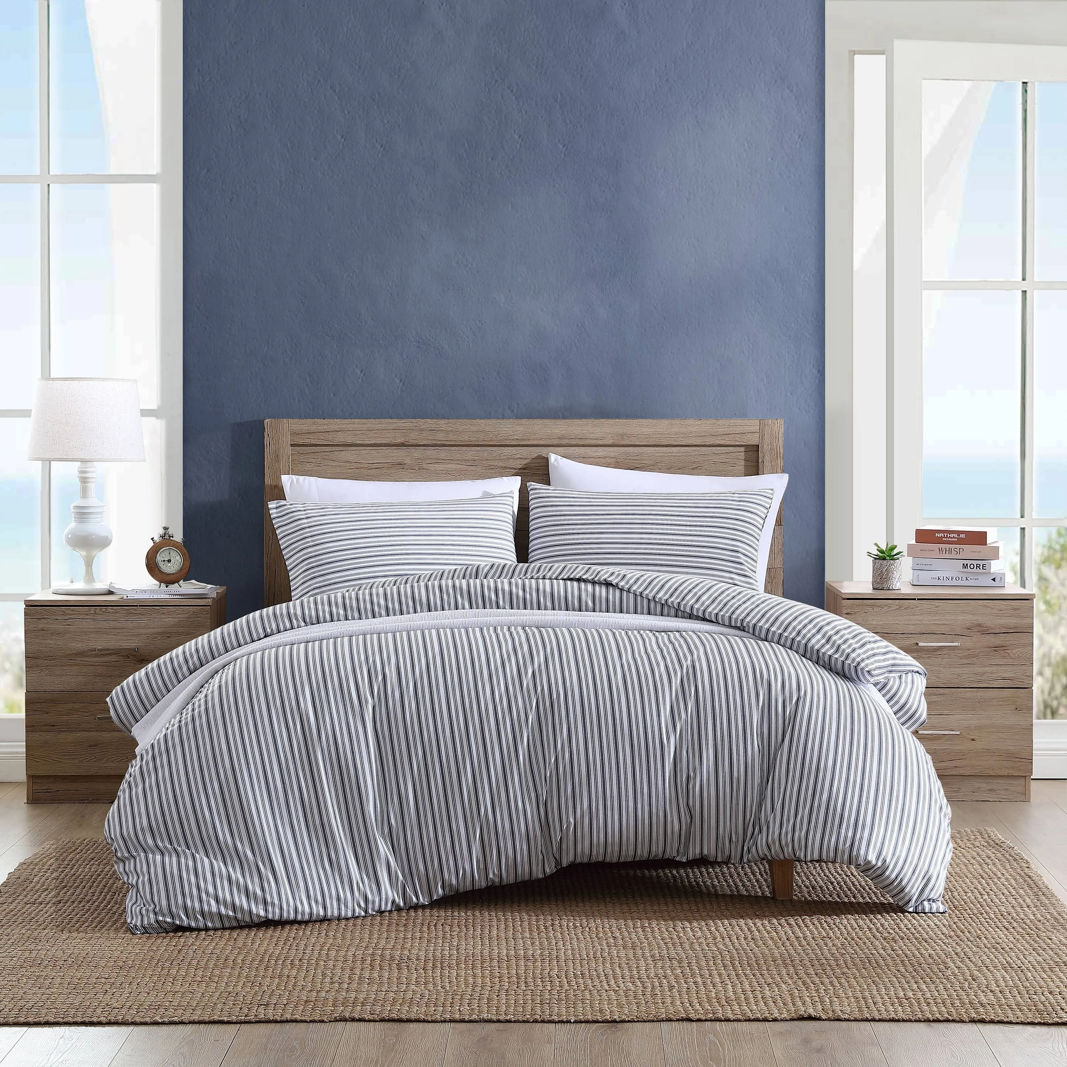 Nautica- King Duvet Cover, Cotton Reversible Bedding with Button Closure, Casual Home Décor for All Seasons (Coleridge Stripe Charcoal, King)