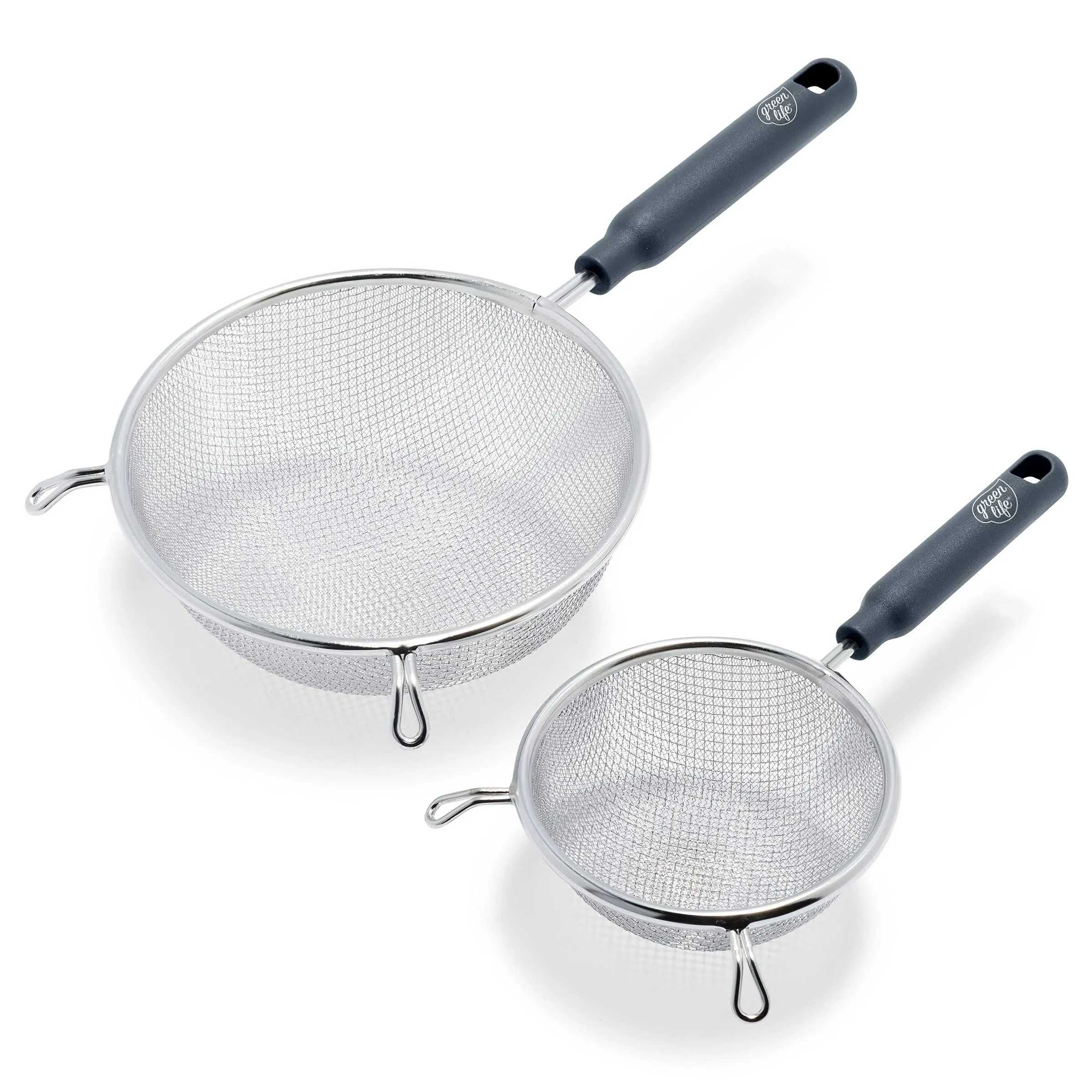 GreenLife Cooking Tools and Utensils, 2 Piece Extra Fine Stainless Steel Mesh Strainer Kitchen Set, Stay Cool Handles, Dishwasher Safe, BPA-Free, Grey