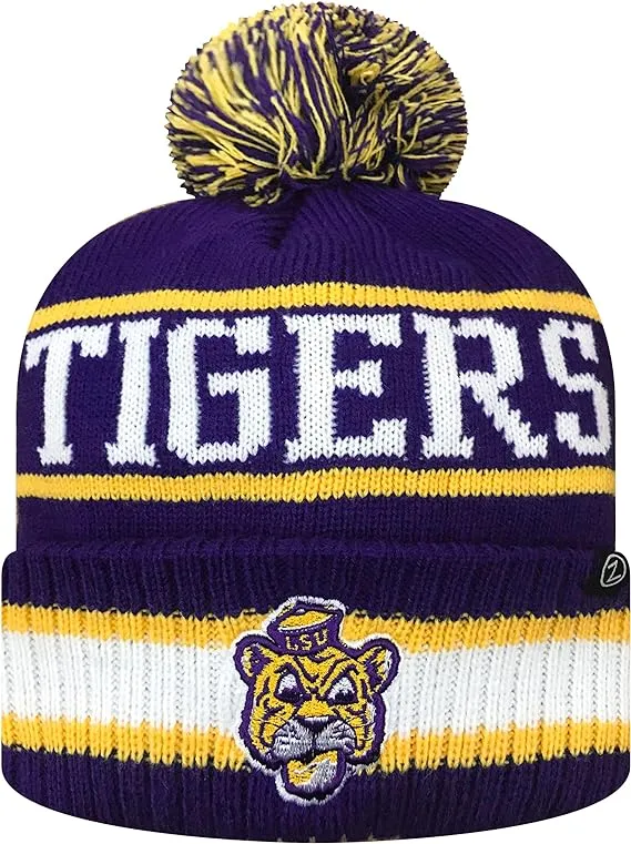 Zephyr NCAA Team Color-Retro Logo -Cuffed Knit Skully Beanie Pom Hat-West Virginia Mountaineers-One Size Fits Most