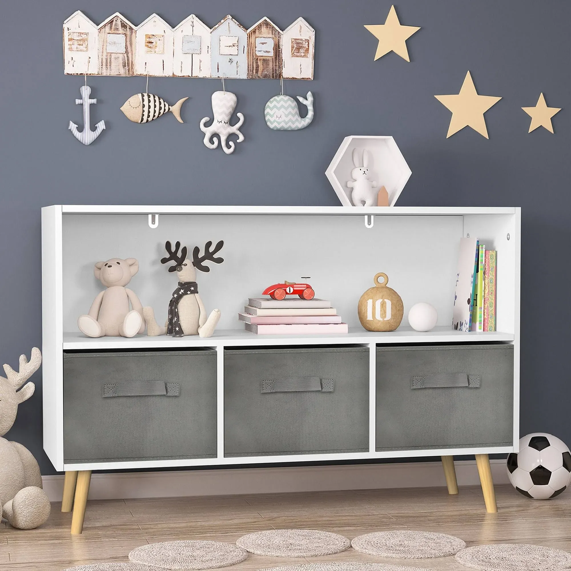 Kids Bookcase with Collapsible Fabric Drawers, Children's Book Display, Toy Storage Cabinet Organizer, Gray-ModernLuxe