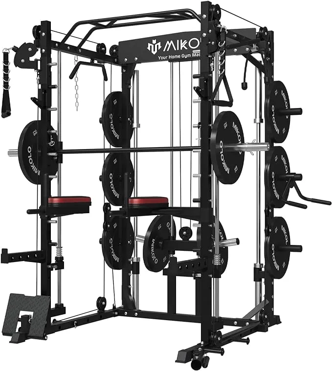 Mikolo Smith Machine with Weight Bar and 8 Weight Storage Pin, 2000 Pounds Capacity Multi-Function Power Cage Squat Rack with Cable Crossover, T-bar Row Attachment and Other Attachments