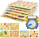 Premium Puzzles for Toddlers and Rack Set - (7 Pack) Includes 1 Learning Clock - 6 Alphabet, Numbers, Shapes, Animals, Cars, Fruits Puzzles