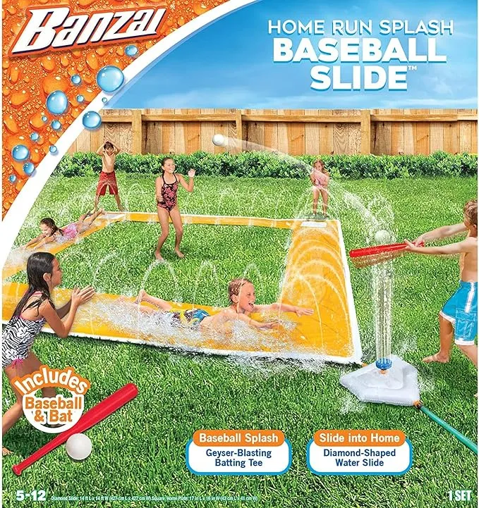 BANZAI Home Run Splash Baseball Slide, Length: 14 ft, Width: 14 ft, Inflatable Outdoor Backyard Water Slide Splash Toy, Baseball Bat & Ball Included