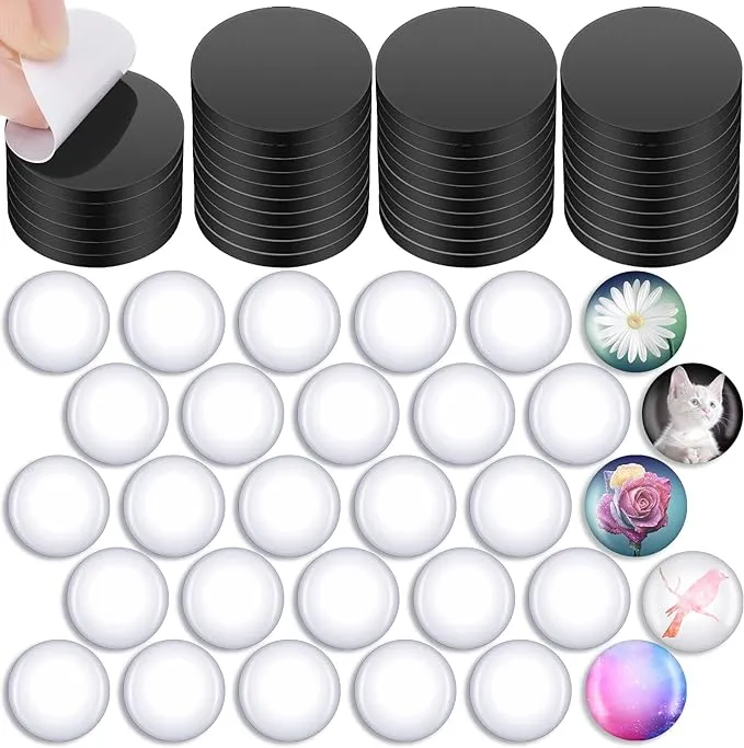 Outus 48 Sets Fridge Magnets for DIY Crafts Sets Round Magnetic Discs with Clear Dome Cabochons Glass Magnets Discs for Christmas Refrigerator Office Locker Whiteboard Gift (1 x 0.12 Inches)