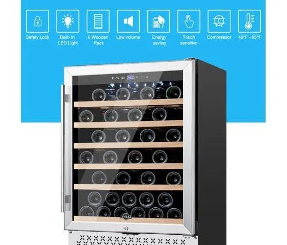 Tylza 24 Inch Wine Cooler Refrigerator 51 Bottle Built-in or Freestanding 24'' Fridge with Stainless Steel & Double Layer Tempered Glass Door and Temperature Memory Function