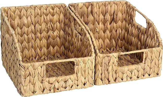 StorageWorks Pantry Baskets for Organizing, Wicker Baskets with Built-in Handles, Handwoven Wicker Storage Baskets, Water Hyacinth for Shelves, 2 Pack